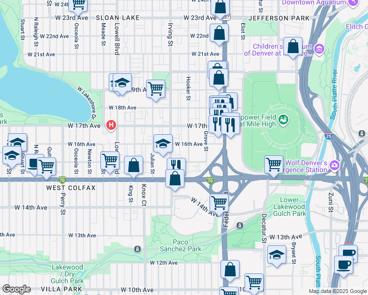 map of restaurants, bars, coffee shops, grocery stores, and more near 1597 Hooker Street in Denver