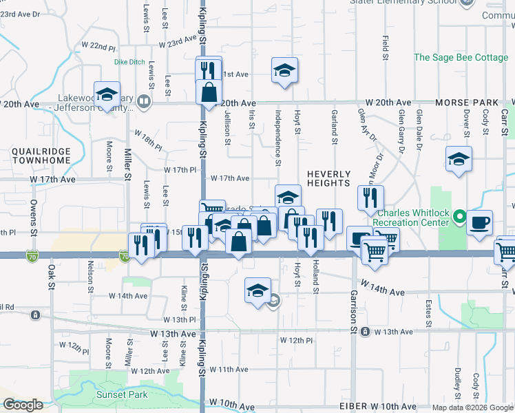 map of restaurants, bars, coffee shops, grocery stores, and more near 9699 West 16th Avenue in Lakewood