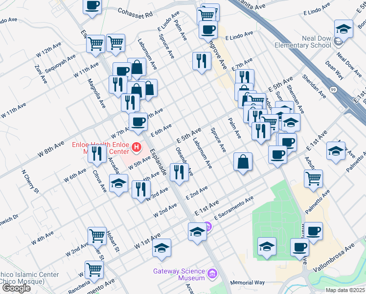 map of restaurants, bars, coffee shops, grocery stores, and more near 1436 Oleander Avenue in Chico