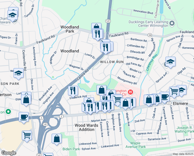 map of restaurants, bars, coffee shops, grocery stores, and more near 1715 Montgomery Road in Wilmington