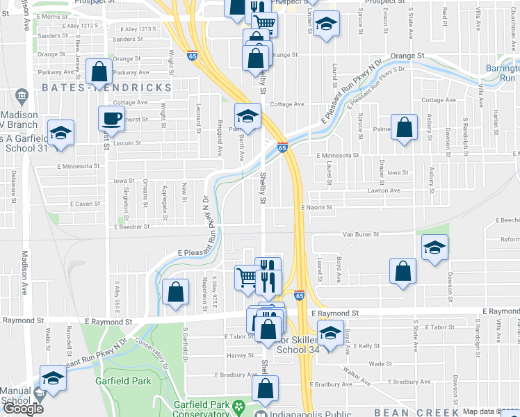 map of restaurants, bars, coffee shops, grocery stores, and more near 1860 Shelby Street in Indianapolis