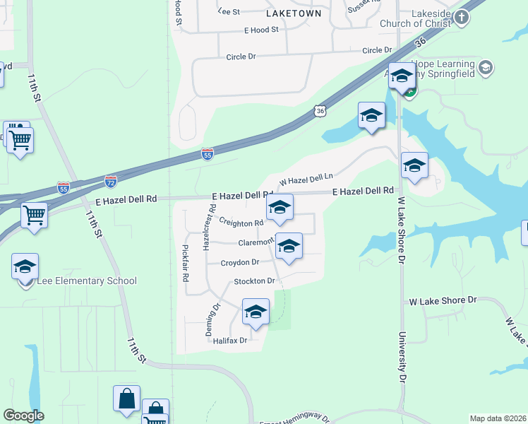 map of restaurants, bars, coffee shops, grocery stores, and more near 2101 Creighton Road in Springfield