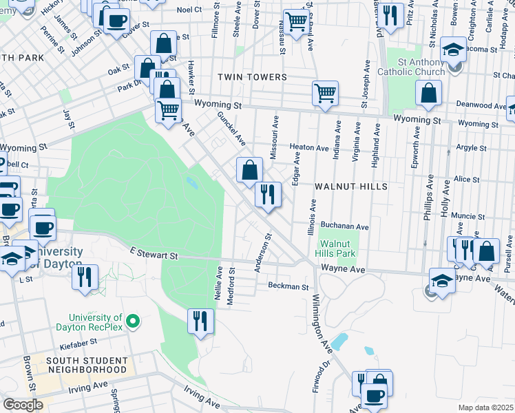 map of restaurants, bars, coffee shops, grocery stores, and more near 2000 Wayne Avenue in Dayton