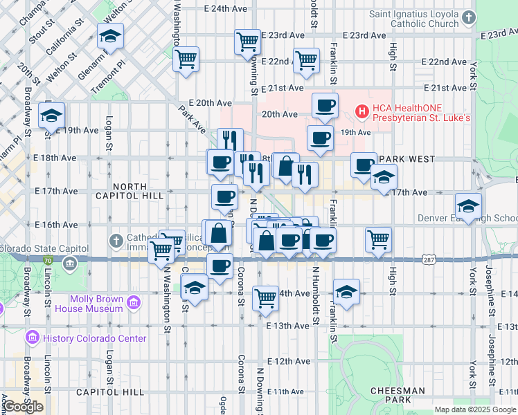 map of restaurants, bars, coffee shops, grocery stores, and more near 1640 North Downing Street in Denver