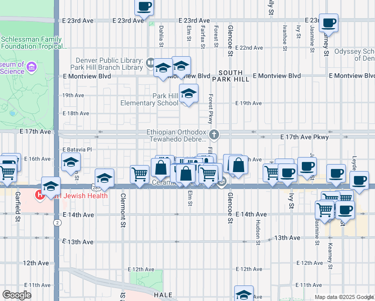 map of restaurants, bars, coffee shops, grocery stores, and more near 1628 Elm Street in Denver