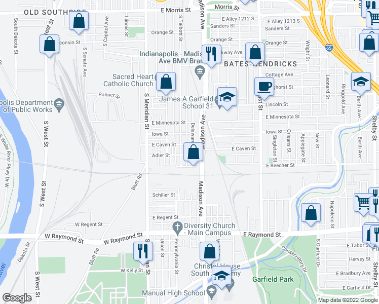map of restaurants, bars, coffee shops, grocery stores, and more near 1818 Delaware Street in Indianapolis