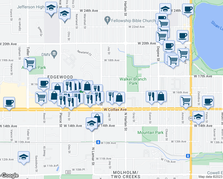 map of restaurants, bars, coffee shops, grocery stores, and more near 1600 Jay Street in Lakewood