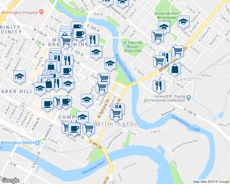 map of restaurants, bars, coffee shops, grocery stores, and more near 711 East 10th Street in Wilmington