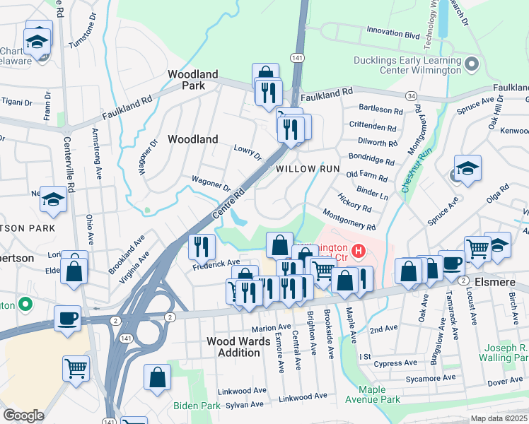 map of restaurants, bars, coffee shops, grocery stores, and more near 1715 Montgomery Road in Wilmington