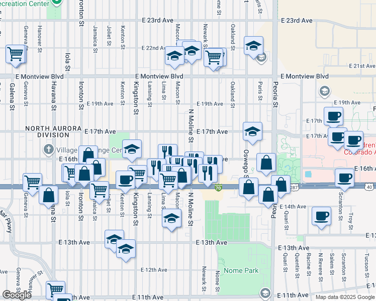 map of restaurants, bars, coffee shops, grocery stores, and more near 1625 Moline Street in Aurora