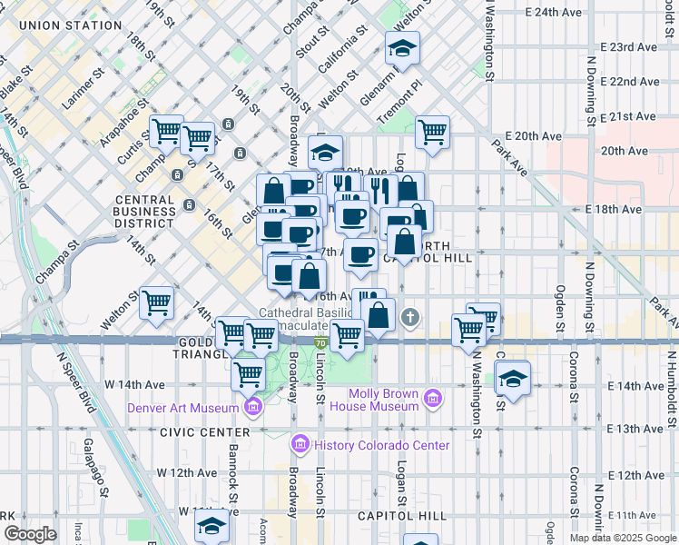 map of restaurants, bars, coffee shops, grocery stores, and more near in Denver