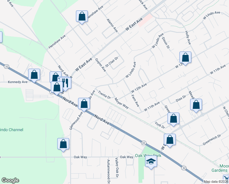 map of restaurants, bars, coffee shops, grocery stores, and more near 2350 Moyer Way in Chico