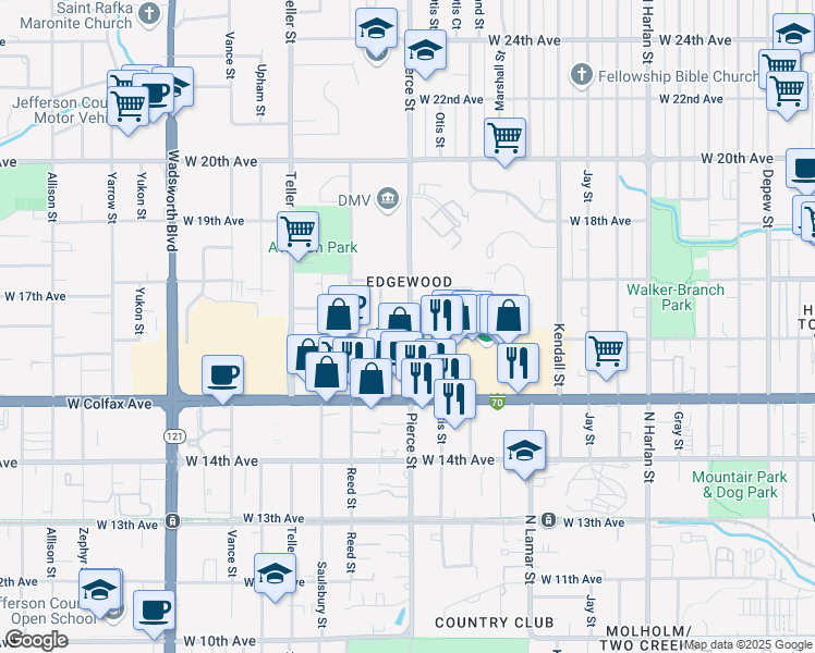 map of restaurants, bars, coffee shops, grocery stores, and more near 1607 Pierce Street in Denver