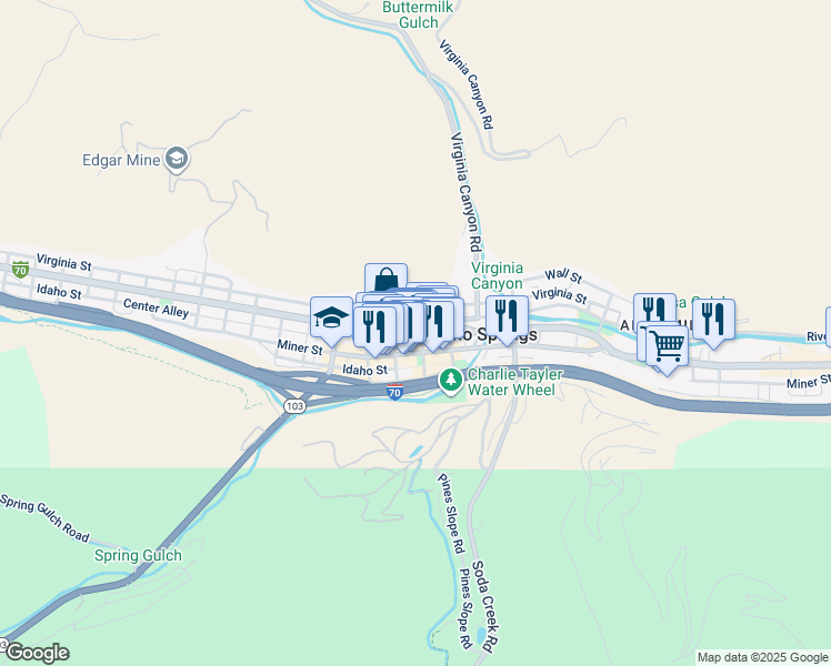 map of restaurants, bars, coffee shops, grocery stores, and more near 233 16th Avenue in Idaho Springs