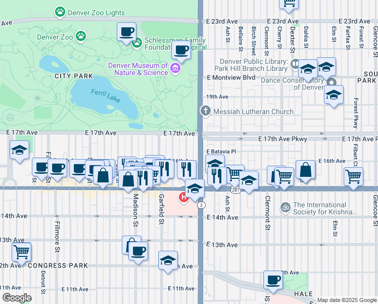 map of restaurants, bars, coffee shops, grocery stores, and more near 1628 Harrison Street in Denver
