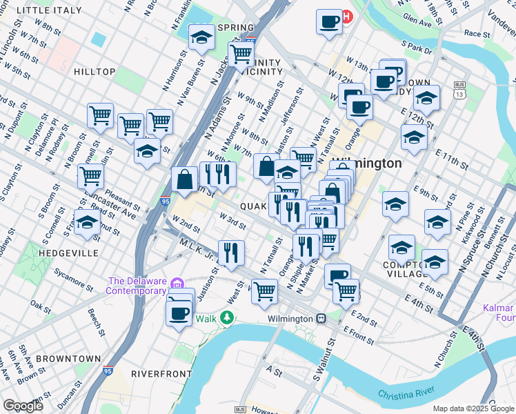 map of restaurants, bars, coffee shops, grocery stores, and more near 411 Washington Street in Wilmington