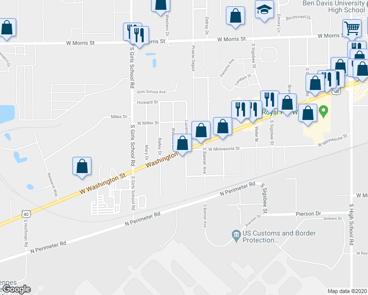 map of restaurants, bars, coffee shops, grocery stores, and more near 7000 West Washington Street in Indianapolis
