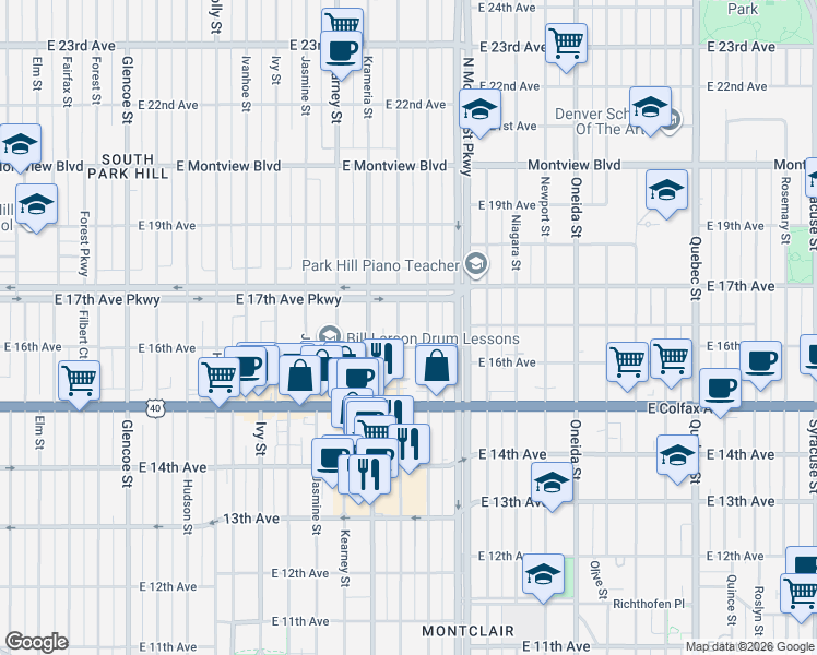 map of restaurants, bars, coffee shops, grocery stores, and more near 1616 Leyden Street in Denver