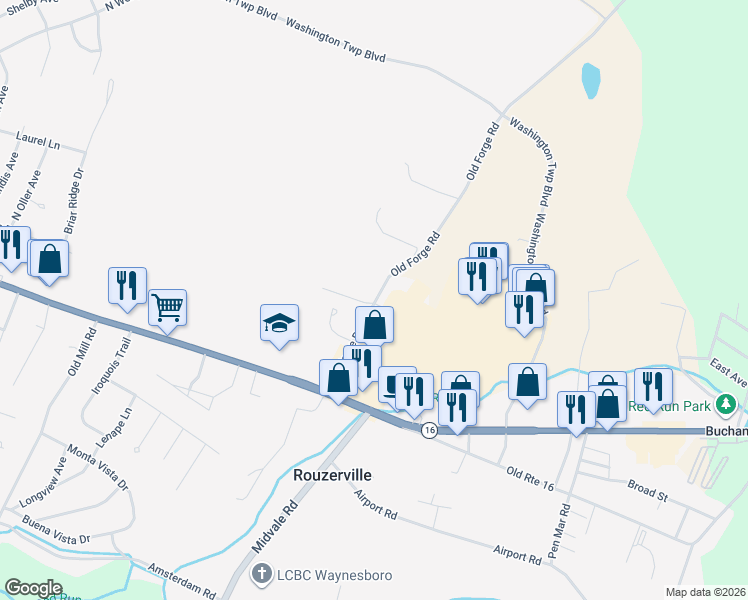 map of restaurants, bars, coffee shops, grocery stores, and more near 12795 Old Forge Road in Waynesboro