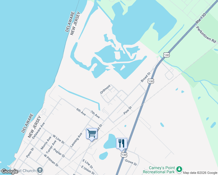 map of restaurants, bars, coffee shops, grocery stores, and more near 12 Ordmont in Carneys Point Township