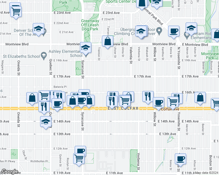 map of restaurants, bars, coffee shops, grocery stores, and more near 1626 Tamarac Street in Denver