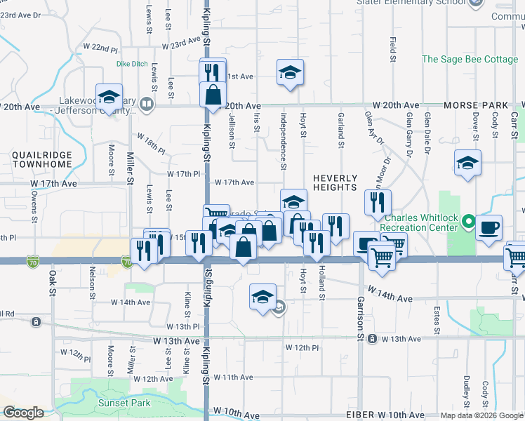 map of restaurants, bars, coffee shops, grocery stores, and more near 9699 West 16th Avenue in Lakewood