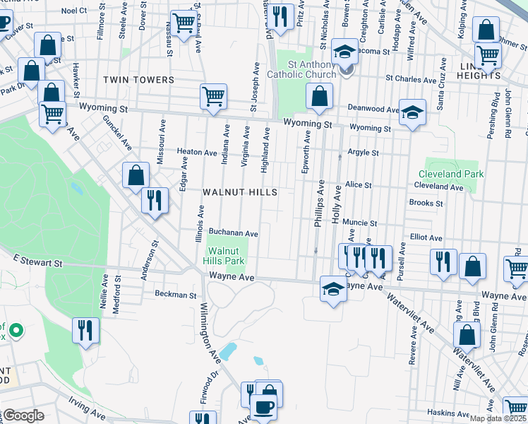 map of restaurants, bars, coffee shops, grocery stores, and more near 1240 Highland Avenue in Dayton