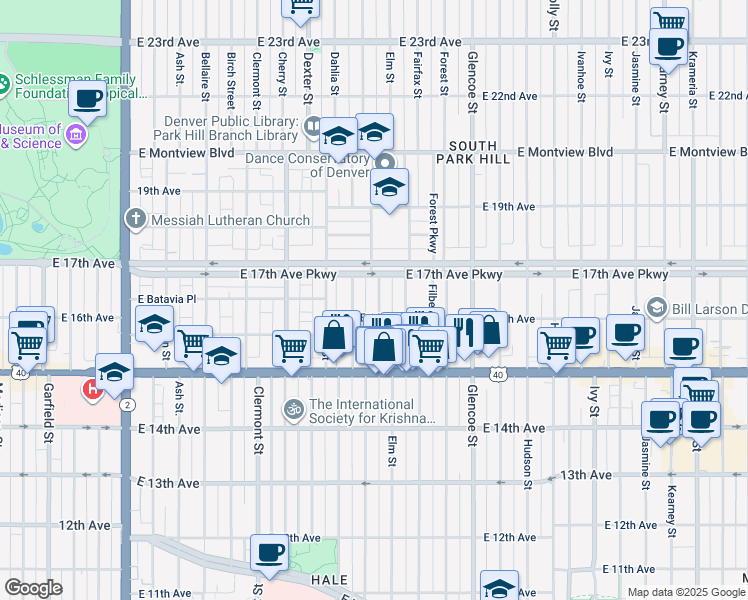 map of restaurants, bars, coffee shops, grocery stores, and more near 1628 Elm Street in Denver