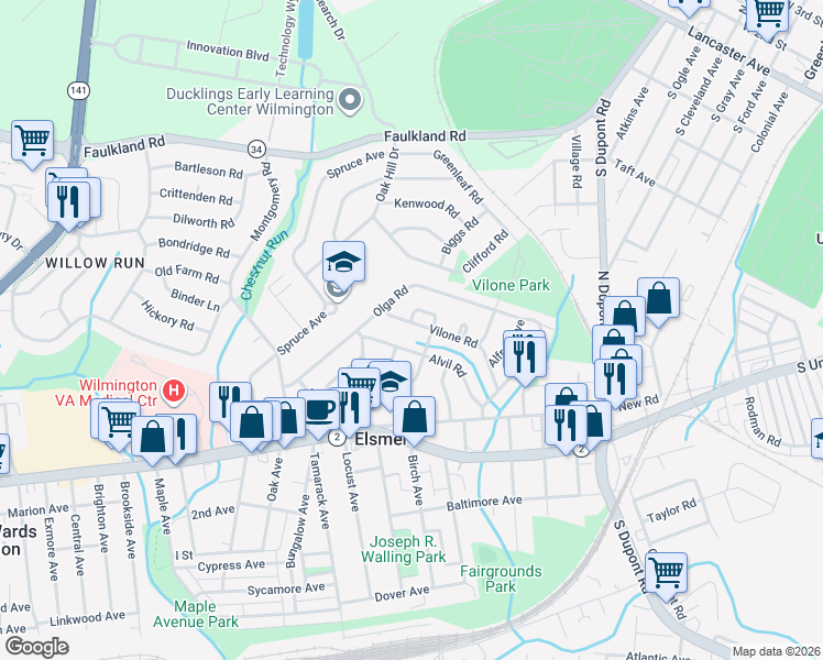 map of restaurants, bars, coffee shops, grocery stores, and more near 107 Vilone Road in Wilmington
