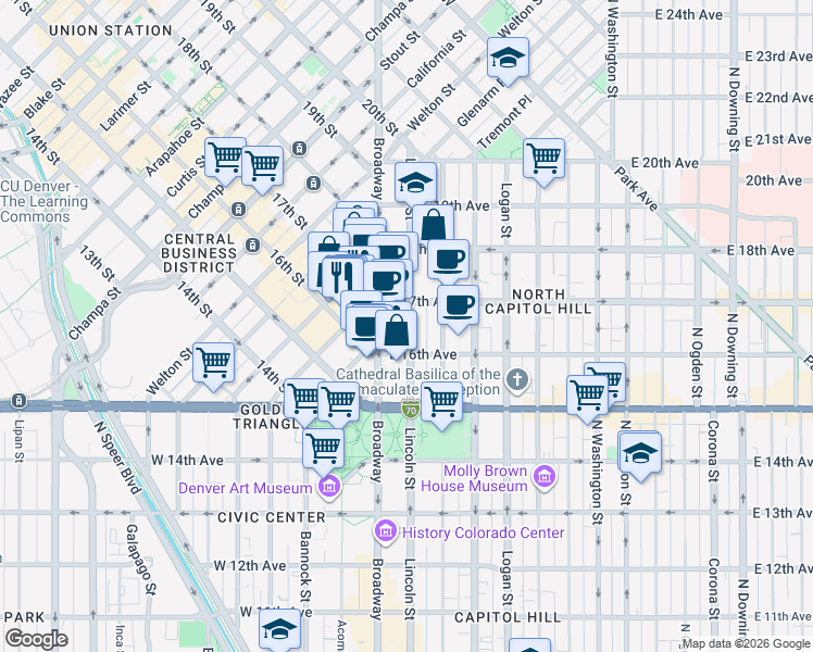 map of restaurants, bars, coffee shops, grocery stores, and more near 25 East 16th Avenue in Denver