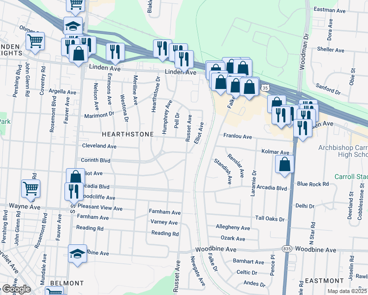 map of restaurants, bars, coffee shops, grocery stores, and more near 1723 Russet Avenue in Dayton
