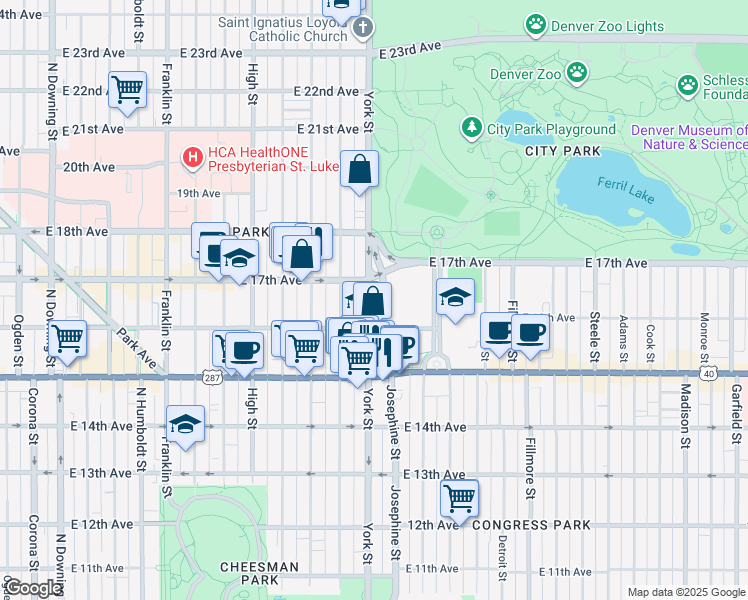 map of restaurants, bars, coffee shops, grocery stores, and more near 1642 York Street in Denver