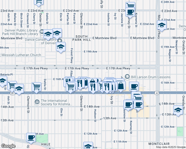 map of restaurants, bars, coffee shops, grocery stores, and more near 1635 Hudson Street in Denver