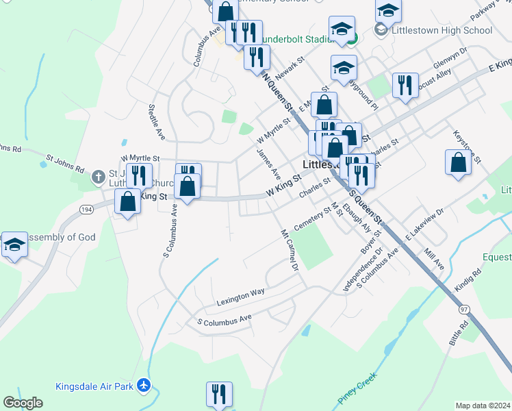 map of restaurants, bars, coffee shops, grocery stores, and more near 154 West King Street in Littlestown