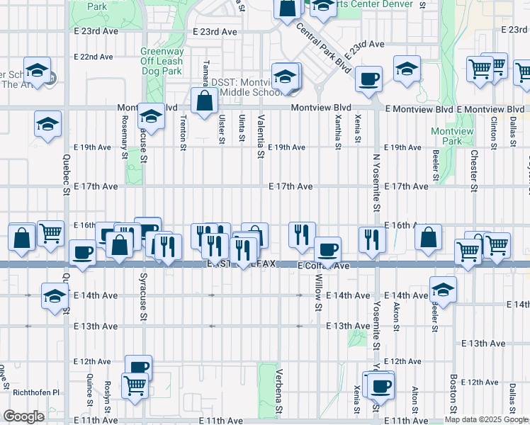 map of restaurants, bars, coffee shops, grocery stores, and more near 1620 Valentia Street in Denver