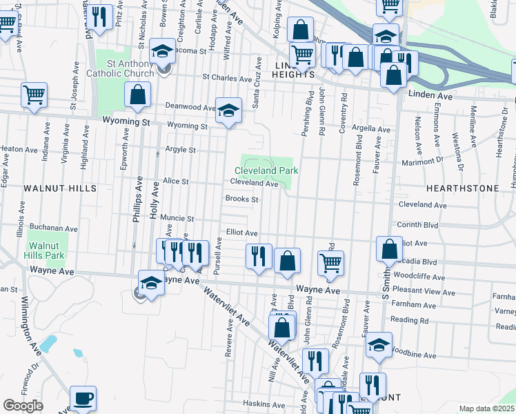 map of restaurants, bars, coffee shops, grocery stores, and more near 1733 Brookline Avenue in Dayton