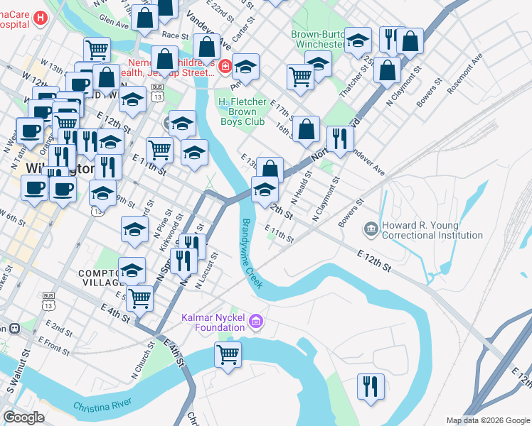 map of restaurants, bars, coffee shops, grocery stores, and more near 1121 Thatcher Street in Wilmington