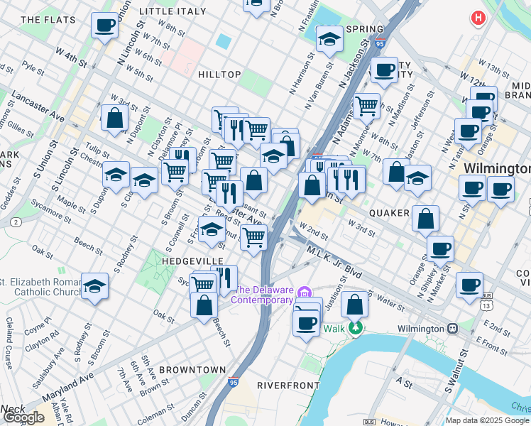 map of restaurants, bars, coffee shops, grocery stores, and more near 1003 Pleasant Street in Wilmington
