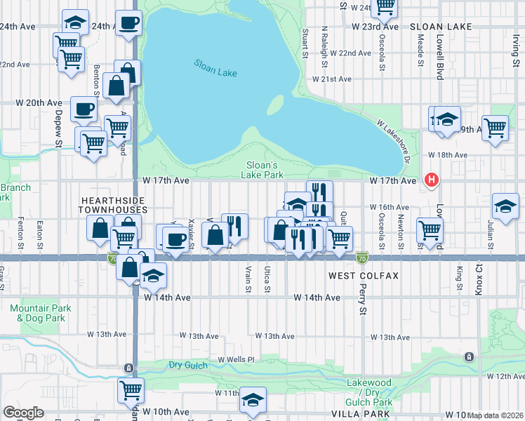 map of restaurants, bars, coffee shops, grocery stores, and more near 1616 Utica Street in Denver