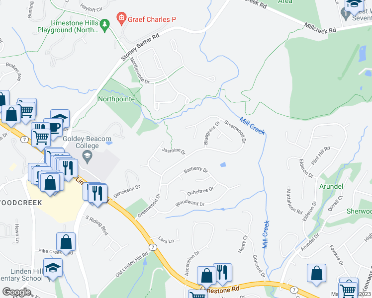 map of restaurants, bars, coffee shops, grocery stores, and more near 817 Jasmine Drive in Wilmington