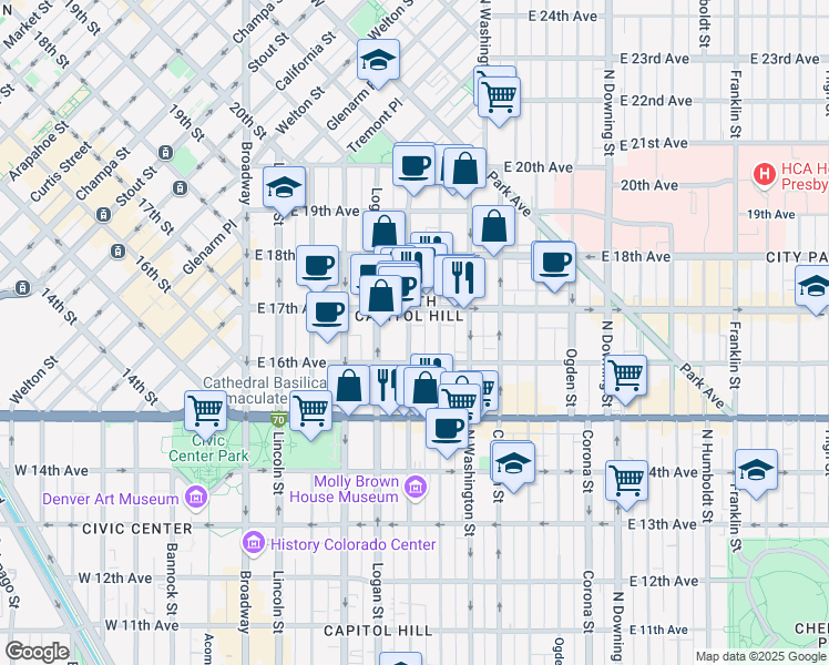 map of restaurants, bars, coffee shops, grocery stores, and more near 1644 Pennsylvania Street in Denver