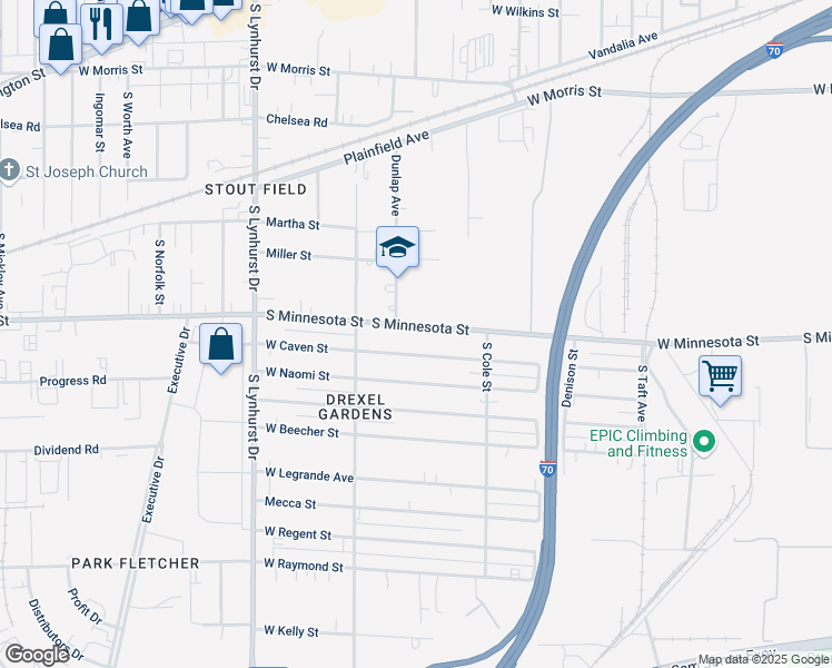 map of restaurants, bars, coffee shops, grocery stores, and more near 4945 West Minnesota Street in Indianapolis