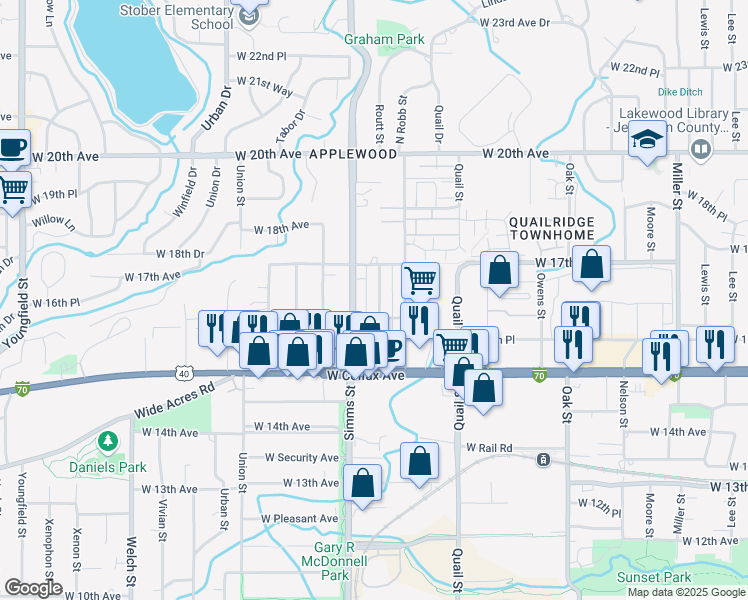 map of restaurants, bars, coffee shops, grocery stores, and more near 1651 Routt Street in Lakewood