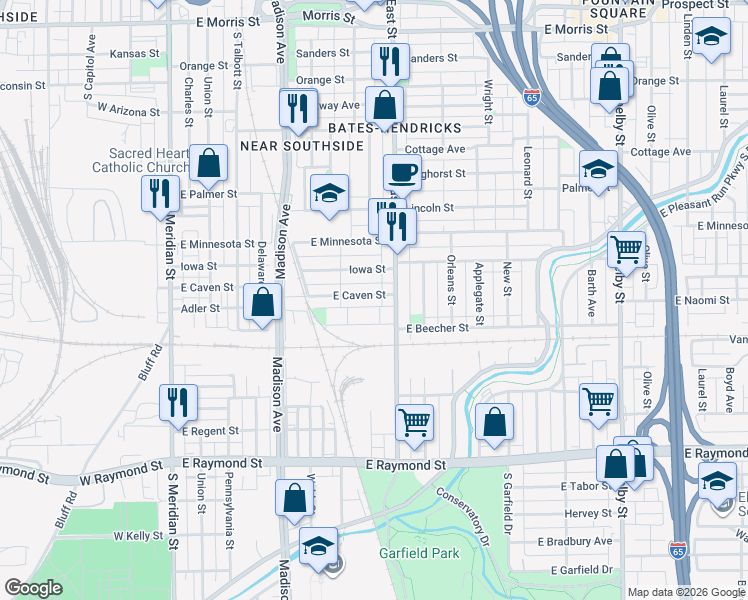 map of restaurants, bars, coffee shops, grocery stores, and more near 325 East Caven Street in Indianapolis