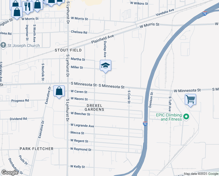 map of restaurants, bars, coffee shops, grocery stores, and more near 4945 West Minnesota Street in Indianapolis