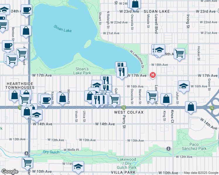 map of restaurants, bars, coffee shops, grocery stores, and more near 1550 Raleigh Street in Denver