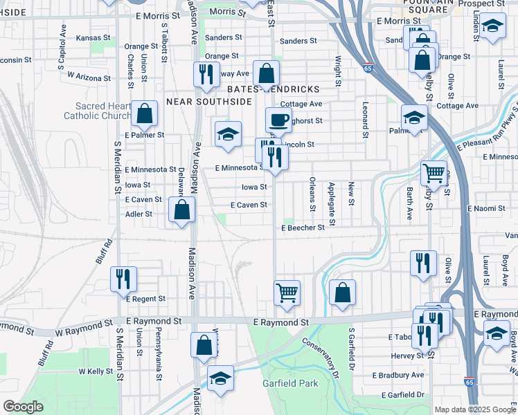 map of restaurants, bars, coffee shops, grocery stores, and more near 413 East Caven Street in Indianapolis