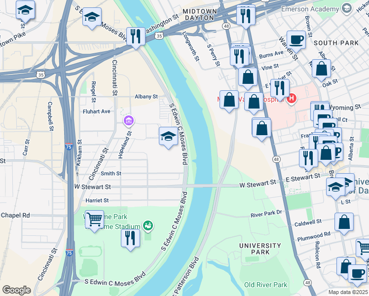 map of restaurants, bars, coffee shops, grocery stores, and more near in Dayton