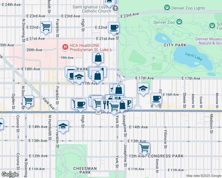 map of restaurants, bars, coffee shops, grocery stores, and more near 1650 North Gaylord Street in Denver