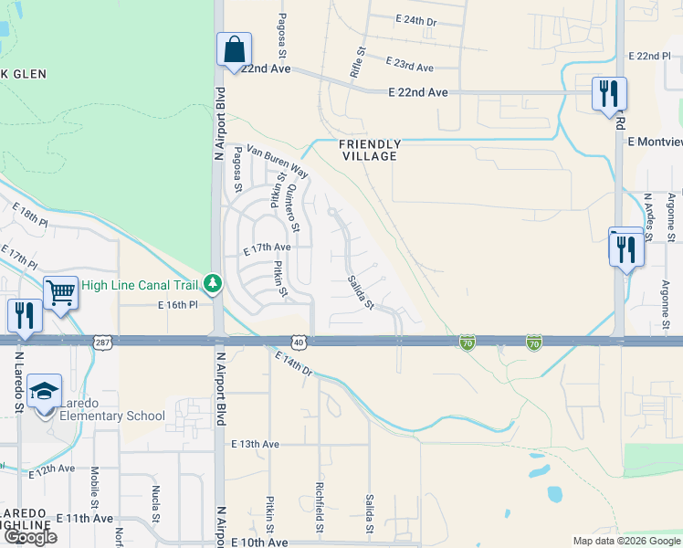 map of restaurants, bars, coffee shops, grocery stores, and more near 17487 East Buchanan Place in Aurora